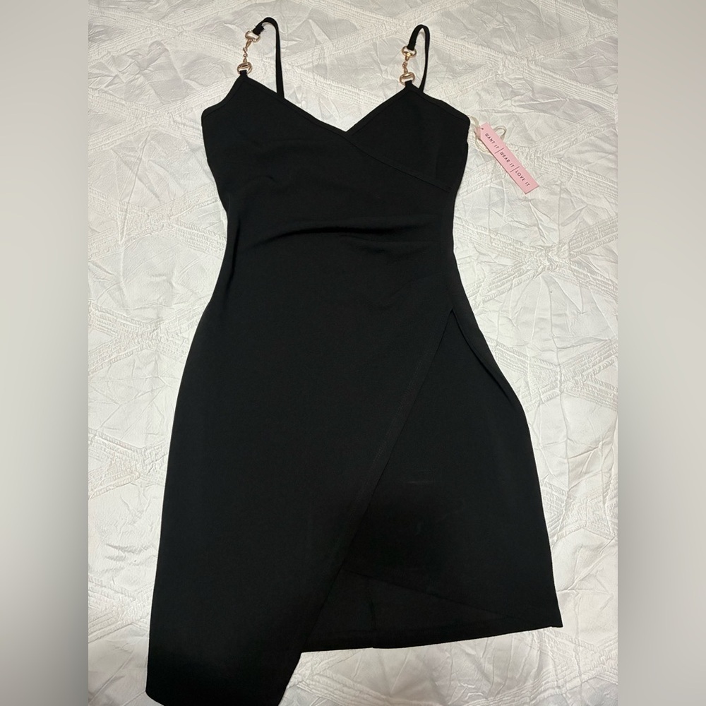 NWT Crave Fame Sexy Elegant Black Asymmetrical Bodycon Dress with Gold Chain